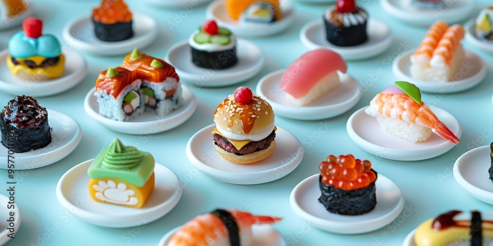 Obraz premium Miniature food set featuring tiny plates of sushi, burgers, and desserts, showcasing the artistry of small-scale culinary creations