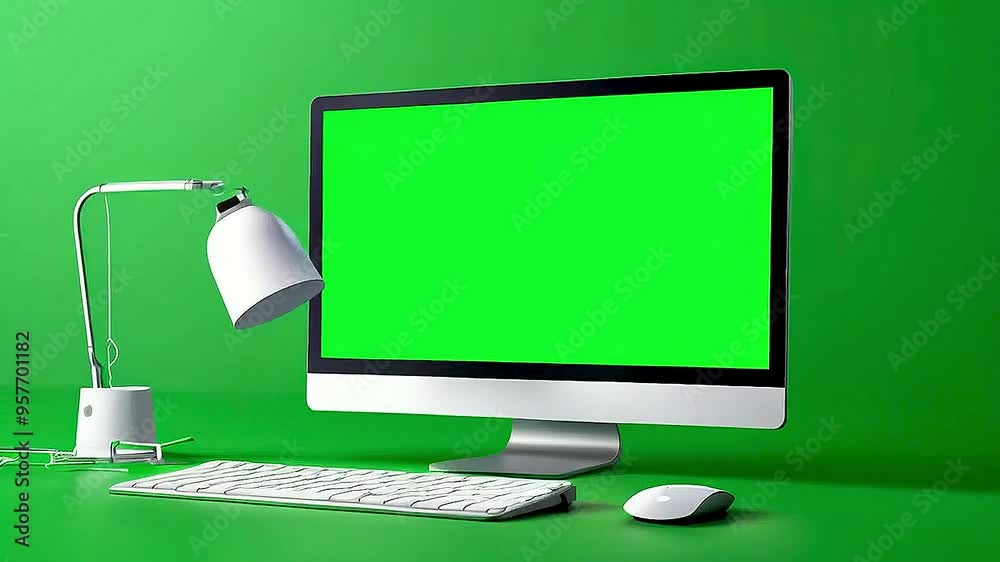 a desktop computer and a lamp with a green screen a desktop computer and a lamp with a green screen