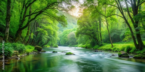 River flowing smoothly through lush green woods, nature, landscape, forest, water, stream, tranquil, peaceful, serene