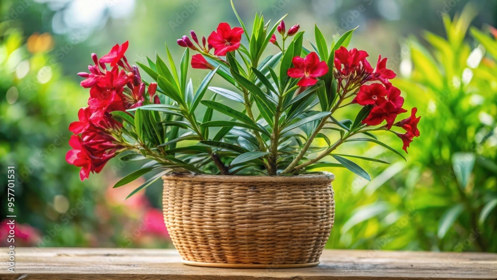 Oleander plant with red flowers in a woven pot , Nerium oleander, red flowers, potted plant, garden Oleander plant with red flowers in a woven pot , Nerium oleander, red flowers, potted plant, garden