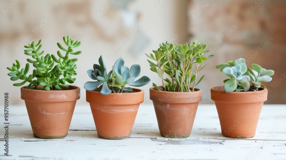 Fototapeta premium Four potted succulents in terracotta pots sitting on a whitewashed wood surface.
