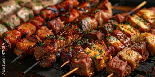 Delicious Brazilian barbecue skewers featuring chicken thighs beef sausage chicken sausage chicken heart and chicken and beef wrapped in bacon