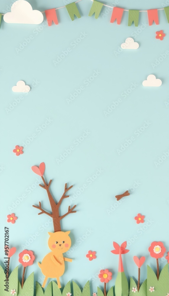 Paper cut out of a cute deer in a field with flowers. Paper cut out of a cute deer in a field with flowers.