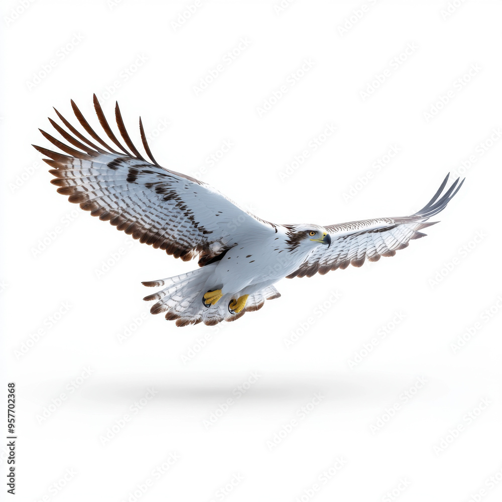 Obraz premium Osprey captured mid-flight with wings fully extended, highlighting its grace and agility in the air against a plain background.