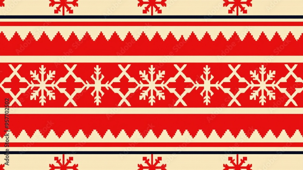 Seamless Winter Holiday Pattern with Red and White Snowflakes