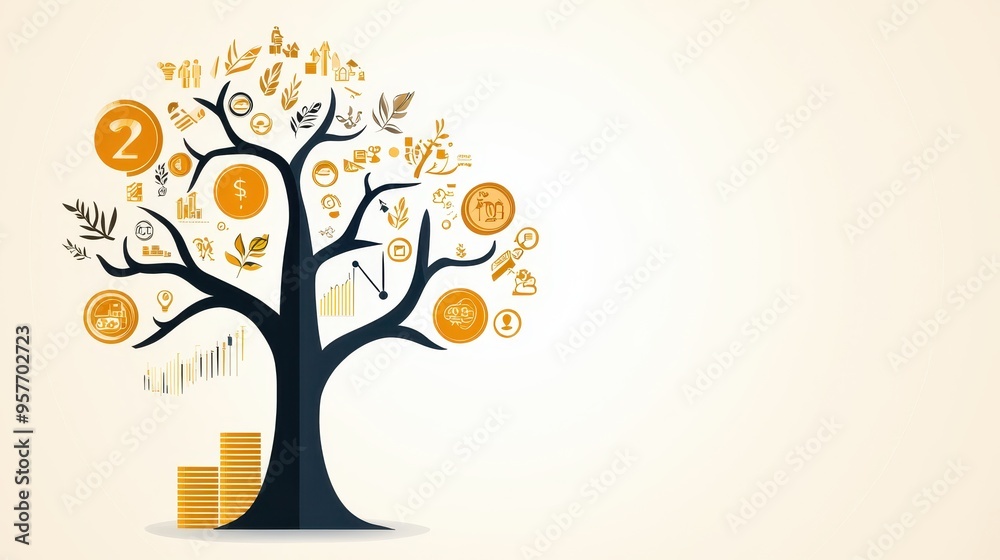 Financial Growth Tree with Coins and Business Icons Financial Growth Tree with Coins and Business Icons