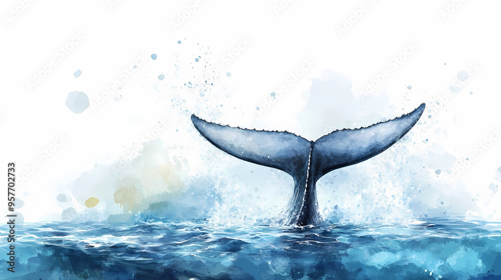 Fototapeta premium Background splashing white whale tail ocean watercolor illustration water isolated whale. Whale. Illustration