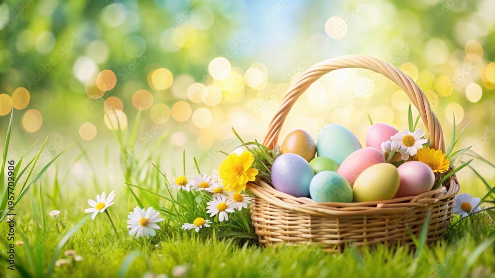 Easter eggs in a pastel-colored basket with spring flowers and green grass, Easter, eggs, basket, pastel, colors Easter eggs in a pastel-colored basket with spring flowers and green grass, Easter, eggs, basket, pastel, colors