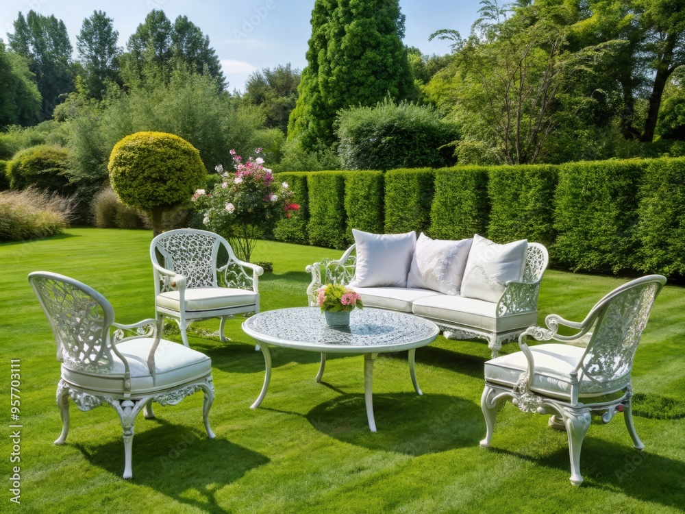 Elegant white garden furniture adorns the lush green lawn, emitting an aura of opulence and tranquility, inviting Elegant white garden furniture adorns the lush green lawn, emitting an aura of opulence and tranquility, inviting