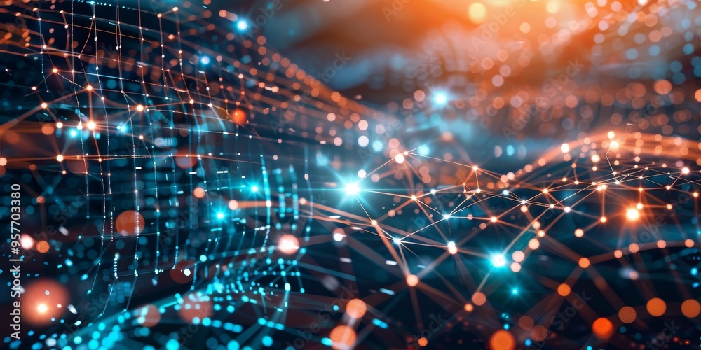 Abstract background of digital network pathways and data nodes, illustrating connectivity and information exchange Abstract background of digital network pathways and data nodes, illustrating connectivity and information exchange