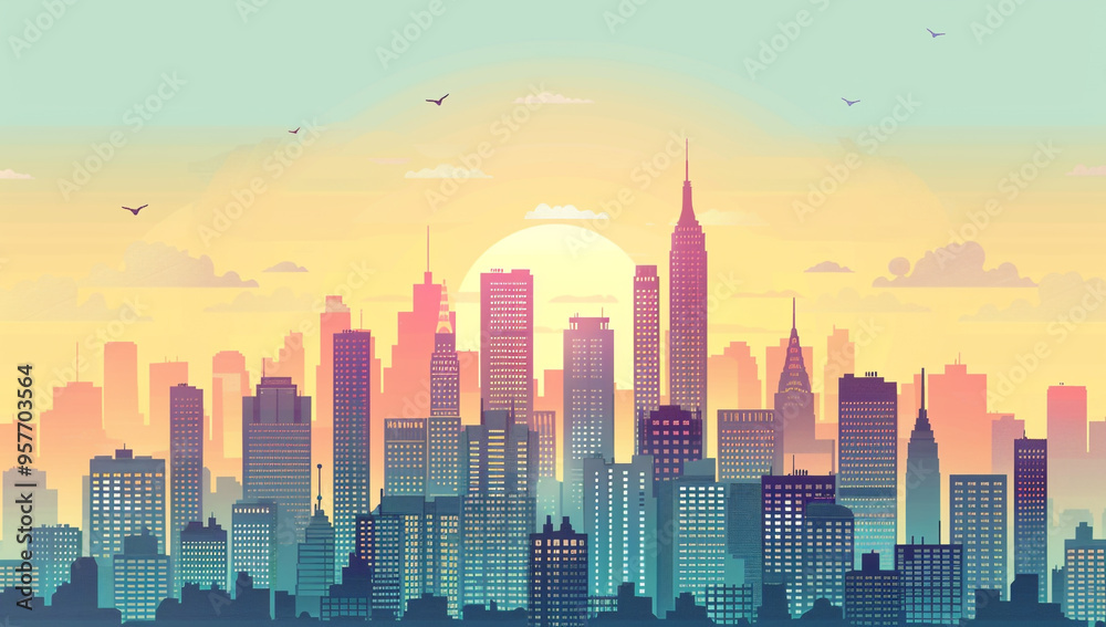 Fototapeta premium Vibrant cityscape during sunset, showcasing skyline filled with iconic skyscrapers
