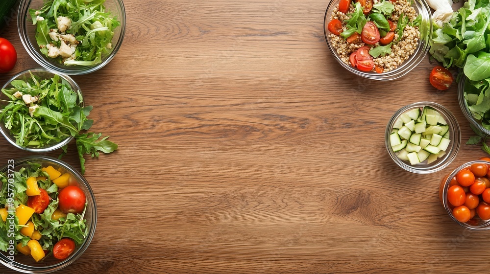 Fresh salad ingredients arranged on a wooden table ready for meal preparation in a cozy kitchen setting Fresh salad ingredients arranged on a wooden table ready for meal preparation in a cozy kitchen setting