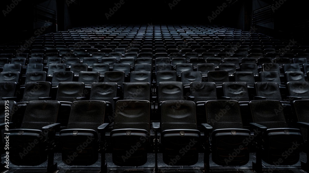 Fototapeta premium Empty black theater seats in an indoor stage auditorium. Representing drama, performance, and cultural environment.