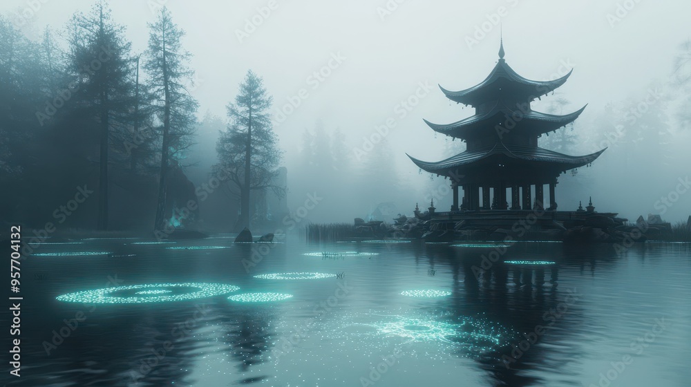 Fototapeta premium Mystical Chinese Pagoda on Misty Lake with Glowing Lights
