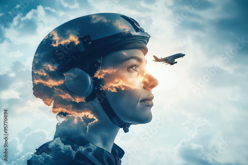 Female air traffic controller managing air traffic with sunset clouds in her mind