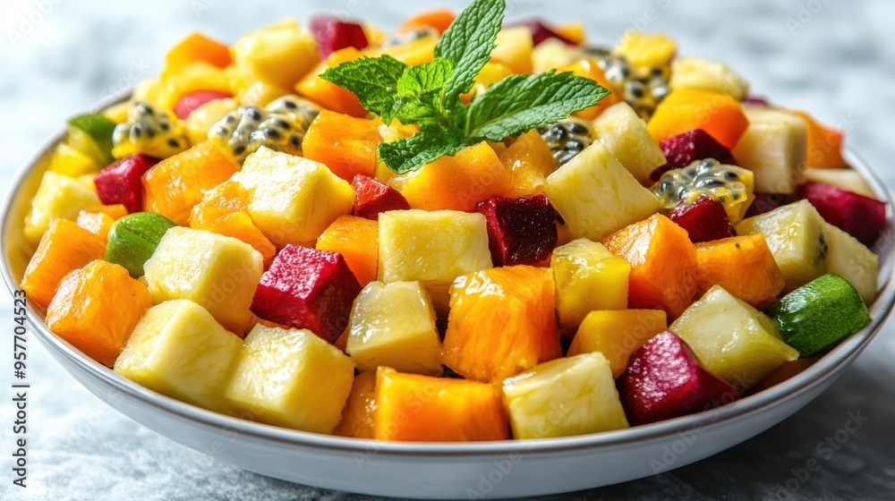 Vibrant, Fresh Tropical Fruit Salad with Mint Garnish in White Bowl - Perfect Healthy Refreshing Summer Snack and Dessert Vibrant, Fresh Tropical Fruit Salad with Mint Garnish in White Bowl - Perfect Healthy Refreshing Summer Snack and Dessert