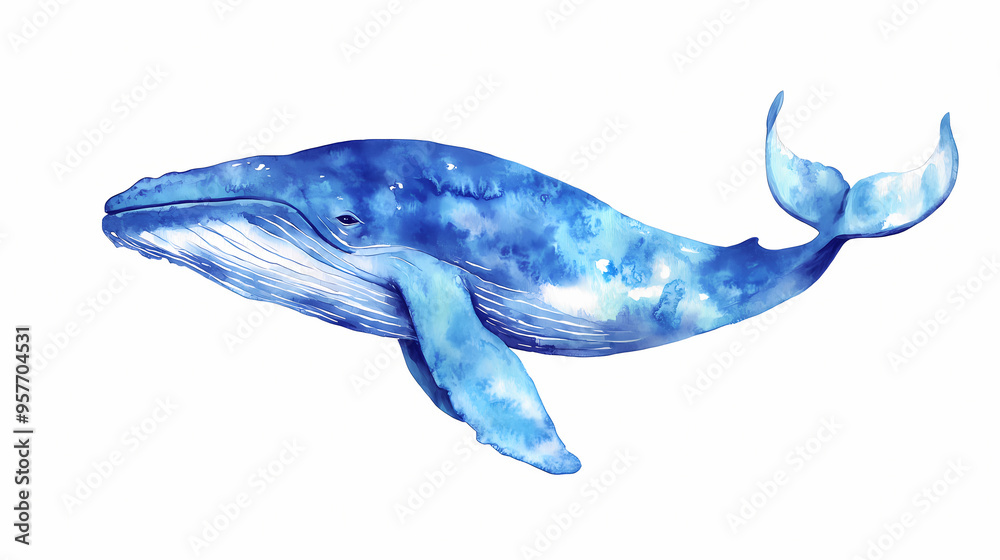 Watercolor blue whale illustration isolated on white background. generative ai. Whale. Illustration