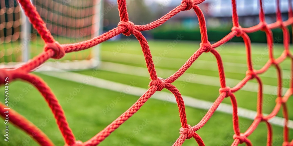 Close-up of a football goal net made of red ropes, soccer, net, goal, football, ropes, red, close-up, macro, sports, competition Close-up of a football goal net made of red ropes, soccer, net, goal, football, ropes, red, close-up, macro, sports, competition