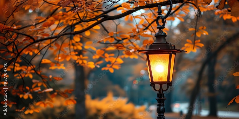 A street lamp glowing warmly against a backdrop of autumn foliage, symbolizing urban serenity and seasonal beauty A street lamp glowing warmly against a backdrop of autumn foliage, symbolizing urban serenity and seasonal beauty