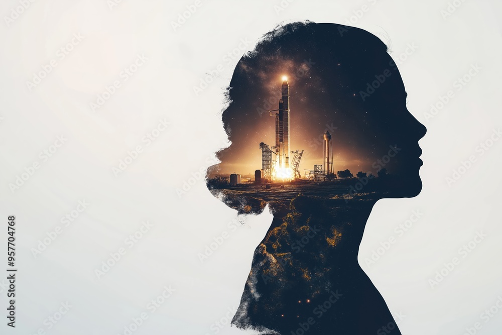 Woman silhouette with rocket launch inside her head Woman silhouette with rocket launch inside her head