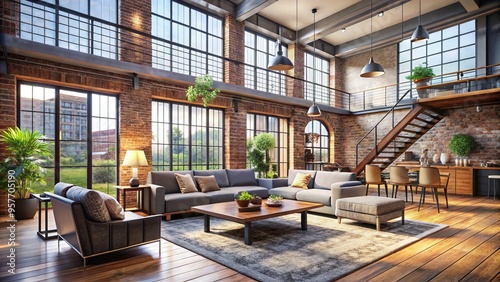 Exquisite loft interior features exposed brick walls, floor-to-ceiling windows, and sleek modern furnishings, exuding a