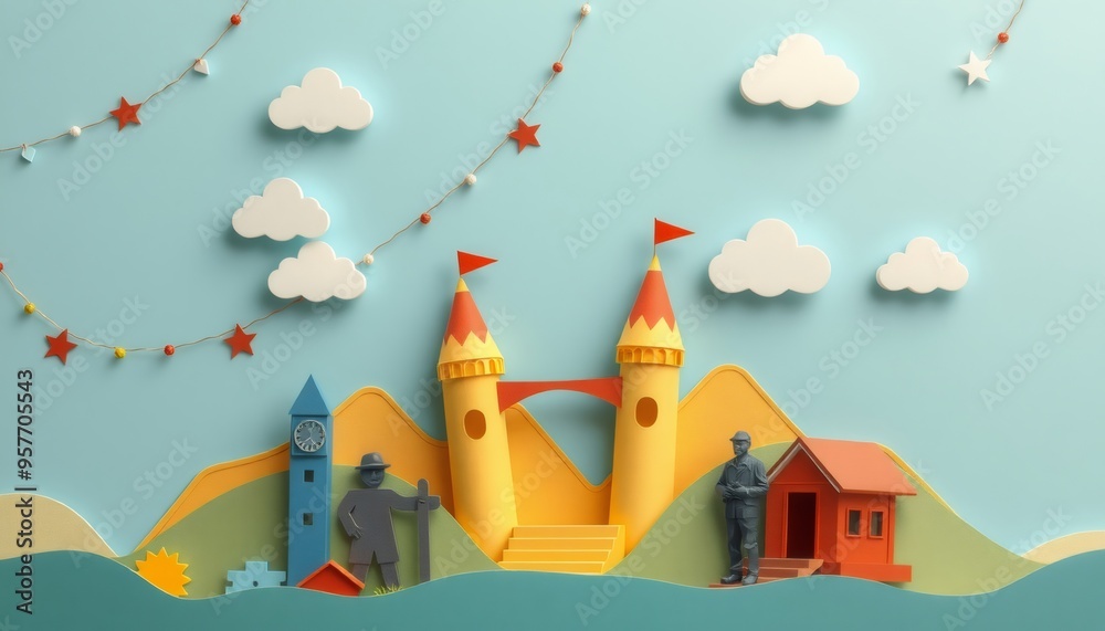 Paper cut-out style illustration of a landscape with two castles, a clock tower, a house, and two figures.