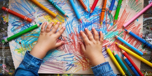 Child's hands drawing with crayons on construction paper, capturing innocence and creativity