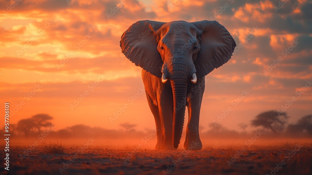 Obraz premium Elephant Walking Towards the Sunset in the African Savanna