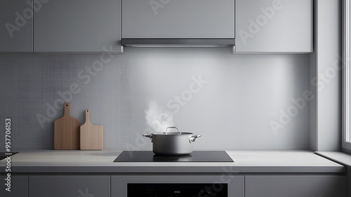 A modern kitchen with a pot of steaming water on the stovetop, a range hood above, and a window in the background.
