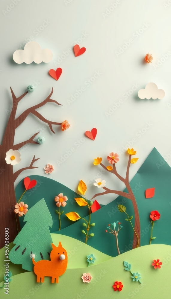 Papercraft forest scene with a fox, trees, and flowers. Papercraft forest scene with a fox, trees, and flowers.