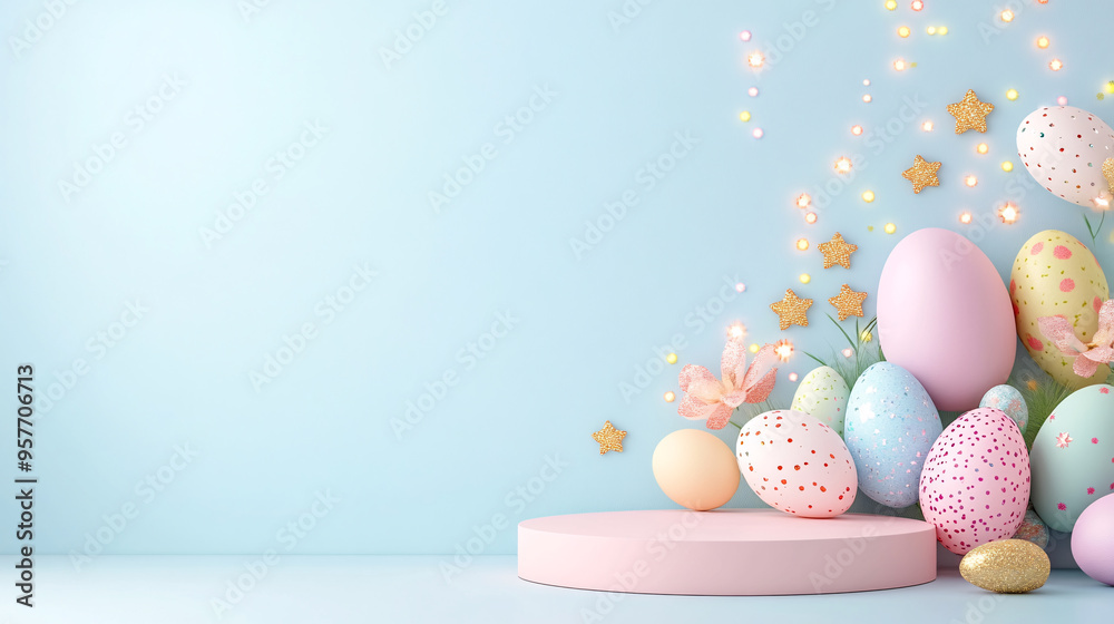 A blue background with a pink pedestal and a bunch of colorful eggs on it. The eggs are of different colors and sizes, and they are scattered all over the pedestal. Scene is cheerful and playful A blue background with a pink pedestal and a bunch of colorful eggs on it. The eggs are of different colors and sizes, and they are scattered all over the pedestal. Scene is cheerful and playful
