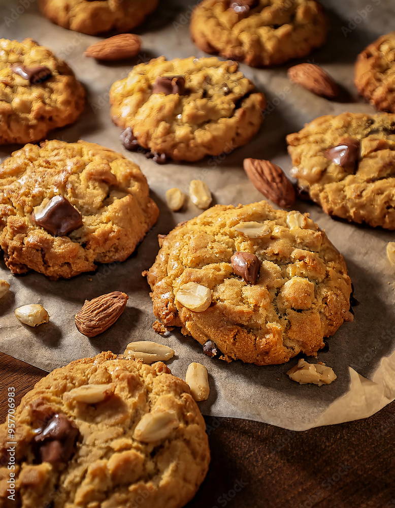 Freshly baked chocolate chip cookies with almonds Freshly baked chocolate chip cookies with almonds