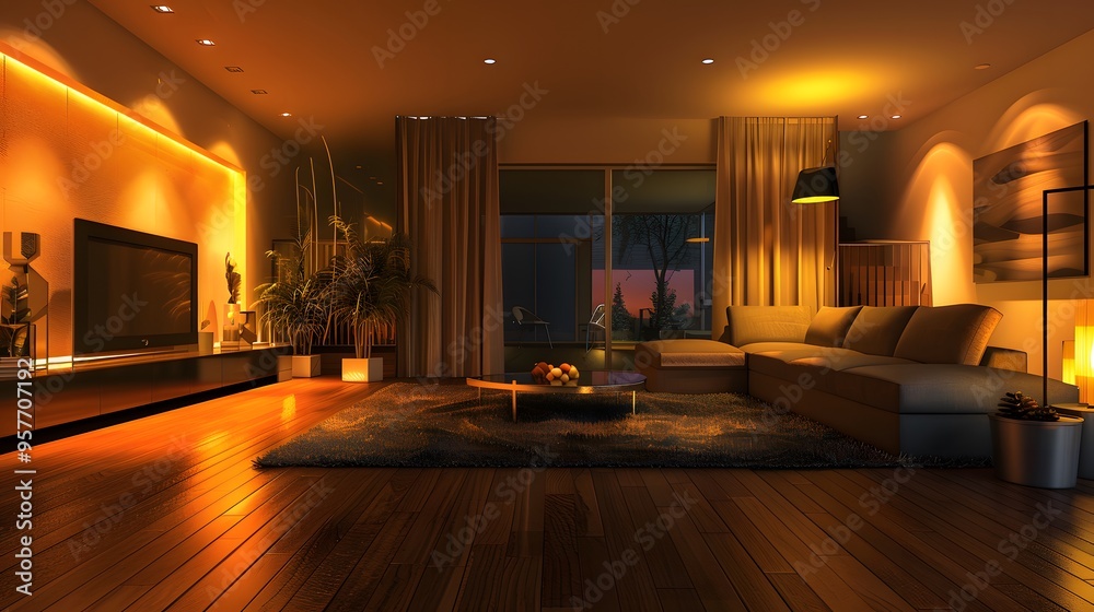 Modern living room with warm lighting, a large sofa, a coffee table, and a TV, creating a cozy and inviting atmosphere. Modern living room with warm lighting, a large sofa, a coffee table, and a TV, creating a cozy and inviting atmosphere.