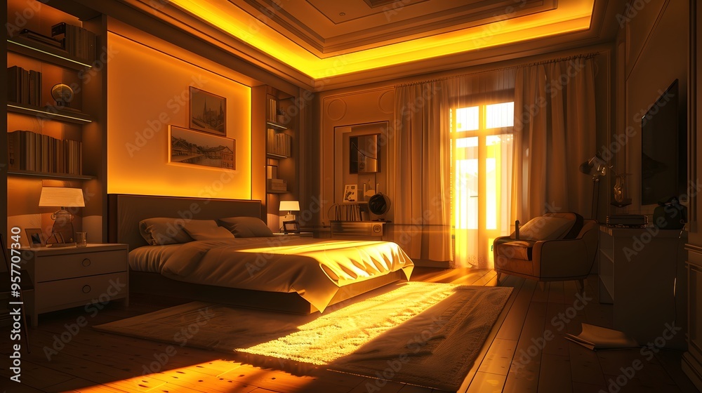 A spacious bedroom with a large bed, a chair, and a window letting in the morning light. The room is decorated with art, a rug, and a nightstand. A spacious bedroom with a large bed, a chair, and a window letting in the morning light. The room is decorated with art, a rug, and a nightstand.