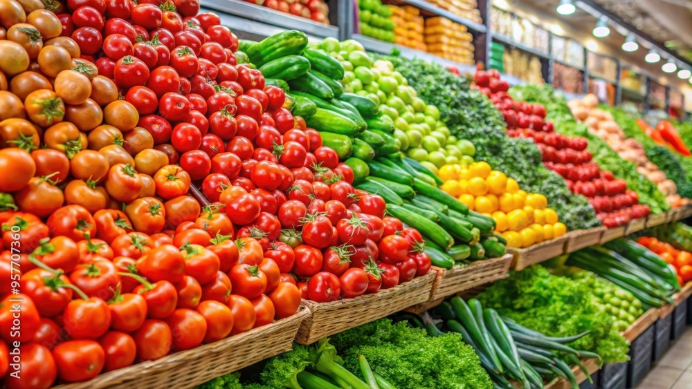 Obraz premium Fresh vegetables and tomatoes piled high in a supermarket aisle , shopping, groceries, produce, healthy, cooking