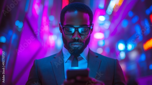 Male business executive  standing in the bright lights - Las Vegas - neon lights - looking at cell phone 