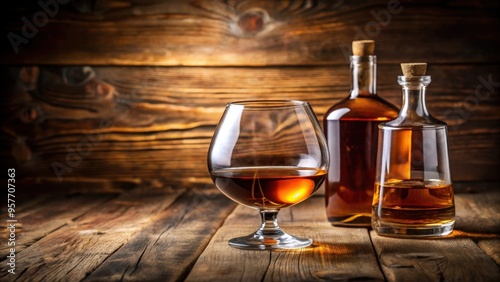 Two glasses of cognac and a bottle displayed on a rustic wooden table , cognac, drink, alcohol, brandy, beverage, glass, bottle, table