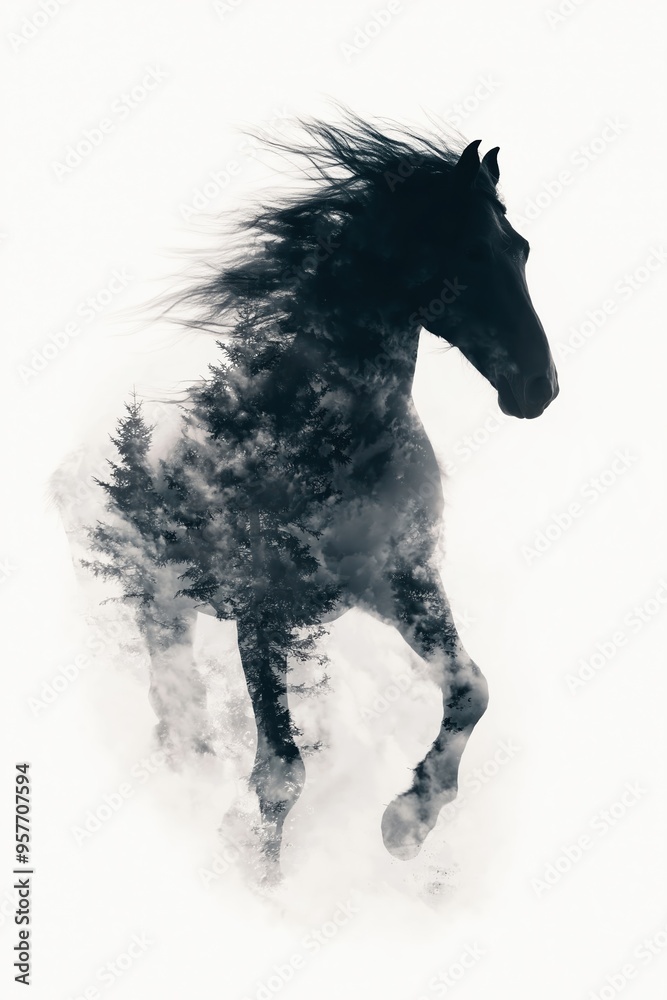 Black horse running with pine forest double exposure Black horse running with pine forest double exposure