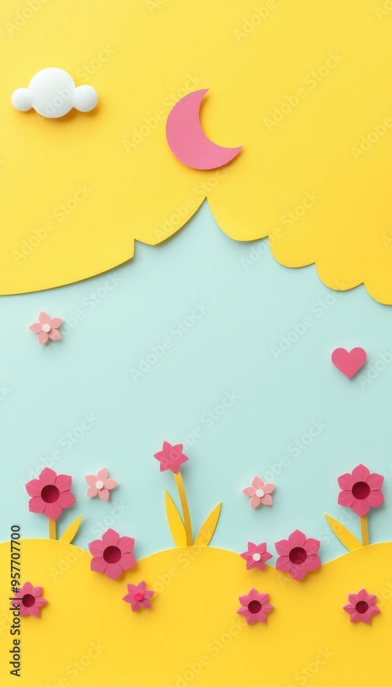 A papercraft scene with a yellow sun, blue sky, pink flowers, a moon, and a cloud. A papercraft scene with a yellow sun, blue sky, pink flowers, a moon, and a cloud.