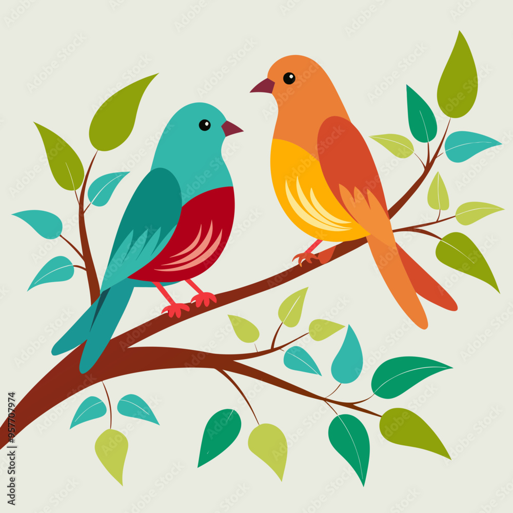 Two birds sit on trees branch minimalistic