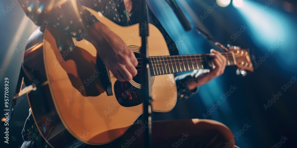 Fototapeta premium Close-up of a musician playing acoustic guitar on stage, capturing the passion for music and performance