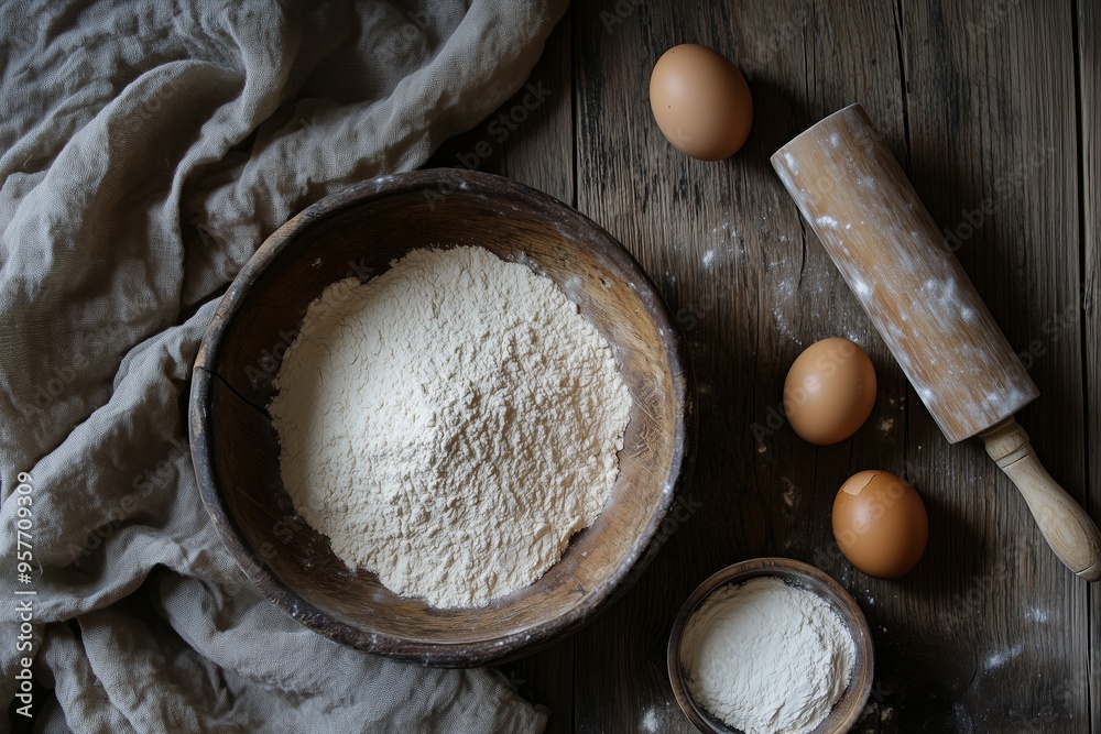 Preparing dough with flour and eggs on a wooden kitchen table with a rolling pin and cloth nearby during morning light Preparing dough with flour and eggs on a wooden kitchen table with a rolling pin and cloth nearby during morning light