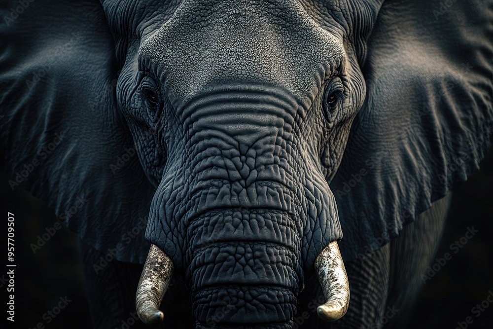Close-up of an Elephant's Face with Wrinkles and a Tusk Close-up of an Elephant's Face with Wrinkles and a Tusk