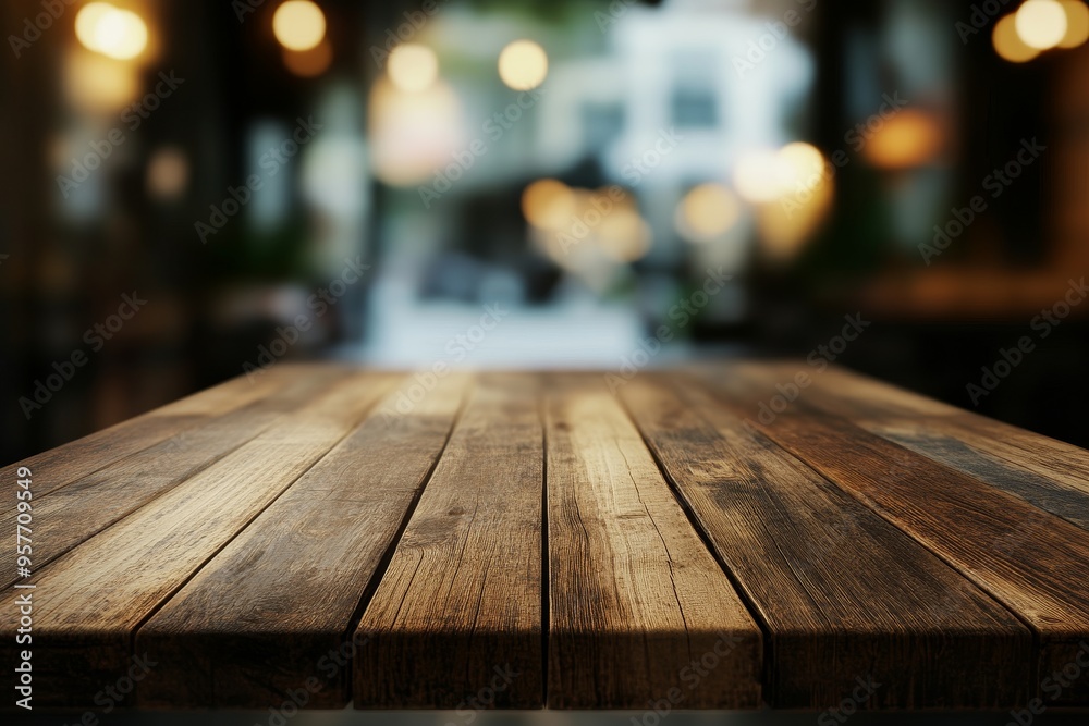 Close up of a wooden table with a blurry background of a cafe. Close up of a wooden table with a blurry background of a cafe.