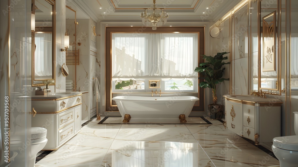 A luxurious bathroom with a freestanding bathtub, marble floors, and gold accents. A luxurious bathroom with a freestanding bathtub, marble floors, and gold accents.