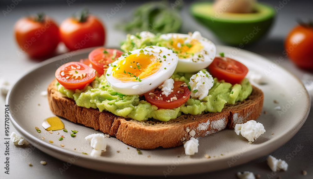 Avocado toast with poached egg, tomatoes, and feta on a plate Avocado toast with poached egg, tomatoes, and feta on a plate