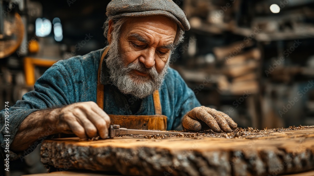 Skilled Carpenter Working with Wood Skilled Carpenter Working with Wood