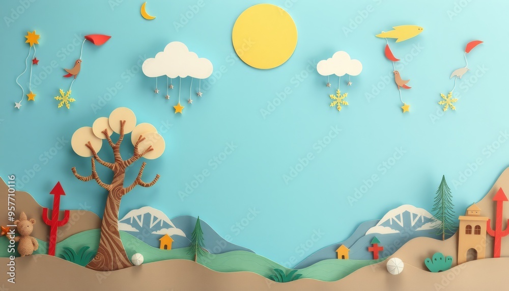 Paper cut-out landscape with a blue sky, sun, moon, clouds, stars, snow, birds, mountains, trees, houses, and cactus. Paper cut-out landscape with a blue sky, sun, moon, clouds, stars, snow, birds, mountains, trees, houses, and cactus.