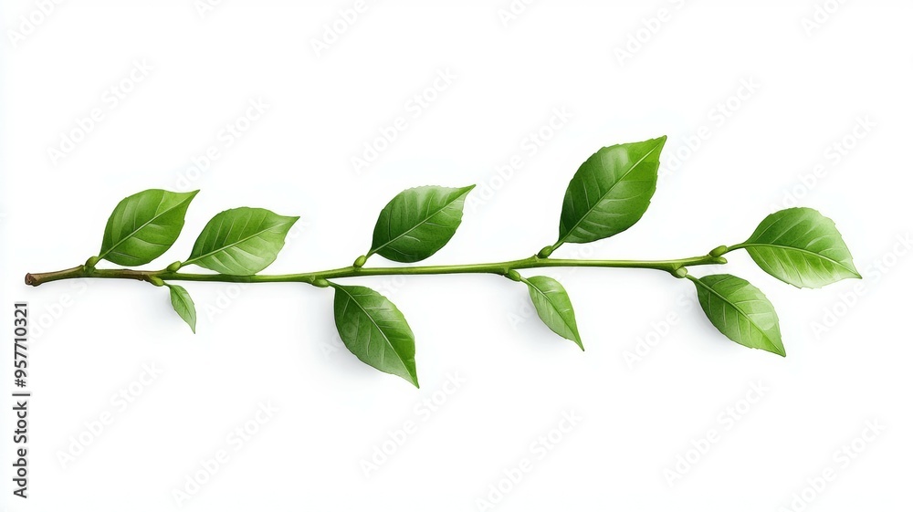 A long green leafy branch with a white background A long green leafy branch with a white background