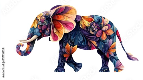 A Colorful Elephant Illustration With Floral Patterns